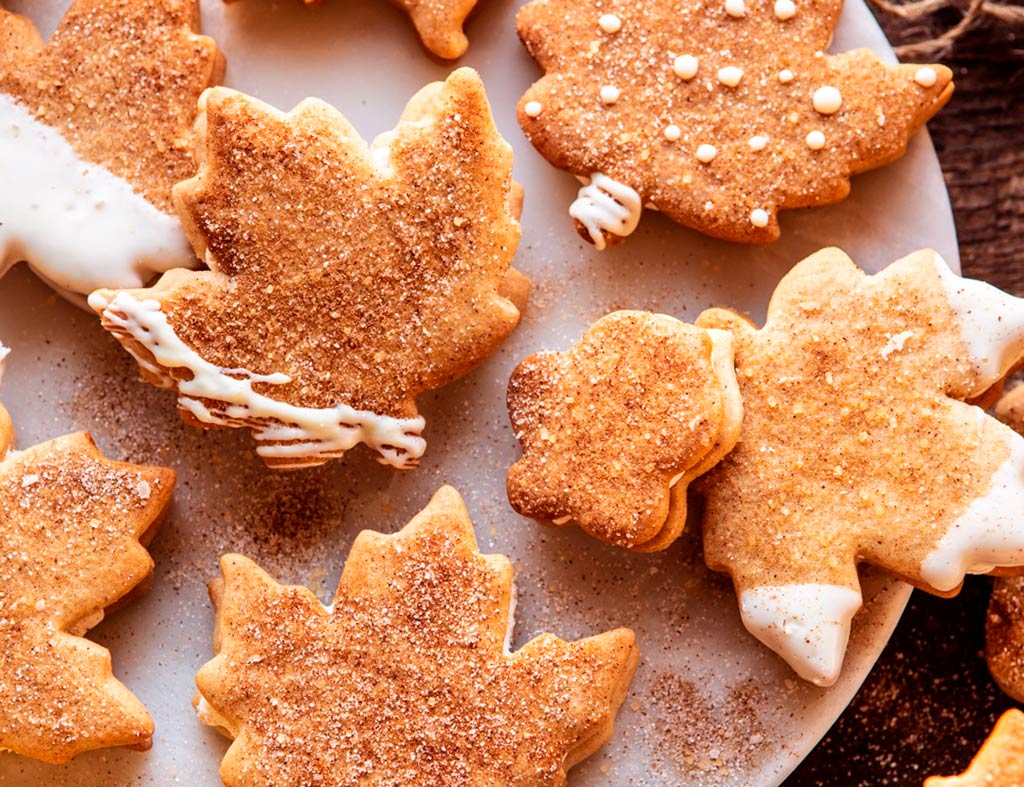 Beautiful cutout Autumn Maple Cookies, shaped as leaves.