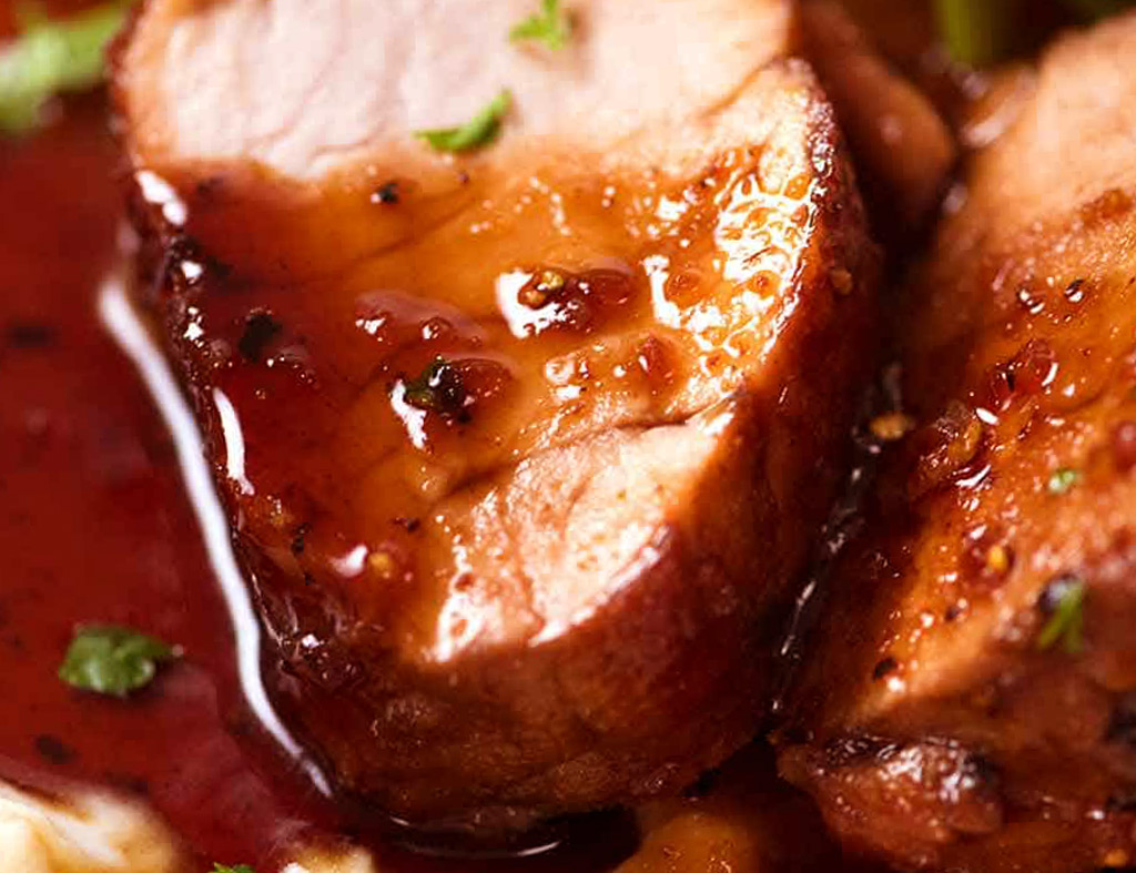 Two beautiful slices of Maple-Glazed Pork Medallions.